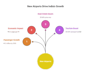 Upcoming Airports in India 2025: The Ultimate Real Estate Gold Rush 1 Visual infographic showing India’s upcoming airports in 2025, passenger growth, economic impact, real estate boom near airports, tourism increase, and key investment opportunities across Jewar, Navi Mumbai, Goa, Shirdi, and Rajkot.
