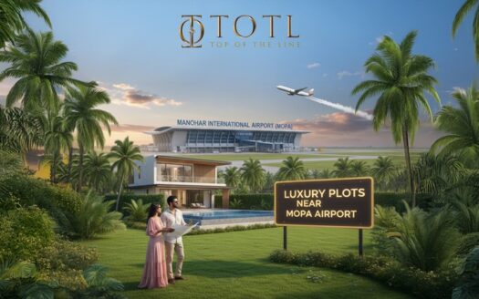Aerial view of North Goa showcasing luxury plots near MOPA Airport with lush greenery, modern villas, and clear skies representing premium real estate investment.