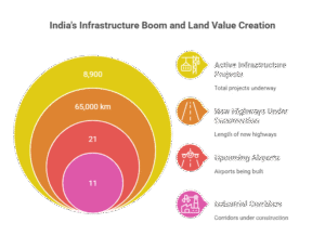 Infographic showing how India’s ₹10 lakh crore infrastructure push is boosting land investment opportunities and long-term real estate growth across key corridors.