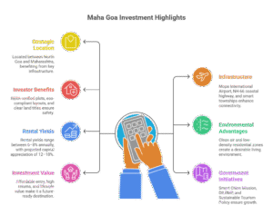Infographic highlighting Investment in Maha Goa Plots in Maha Goa, showing strategic locations, infrastructure, clean air, tourism demand, rental yields, and government initiatives for investors.