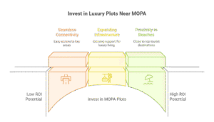 Infographic showing 2025 price trends of Luxury Plots Near MOPA Airport, highlighting 22–35% yearly growth and premium rates across the airport corridor and beach belt.
