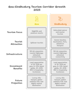 Maha Goa Tourism Growth in the Goa–Sindhudurg corridor in 2025, highlighting tourism surge, infrastructure developments, real estate ROI, MOPA Airport impact, luxury villa demand, eco-tourism, and high-growth areas.