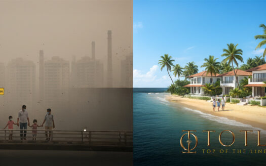 A scenic aerial view of North Goa’s coastline with lush greenery, clean blue skies, and sustainable luxury villas — symbolizing why 2025 is the best time to Invest in Goa.