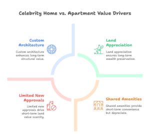 Celebrity Home infographic showing why India’s elite prefer one-of-one standalone residences, highlighting land ownership, privacy, elite standalone residences in India, luxury homes India market trends, and capital preservation benefits.