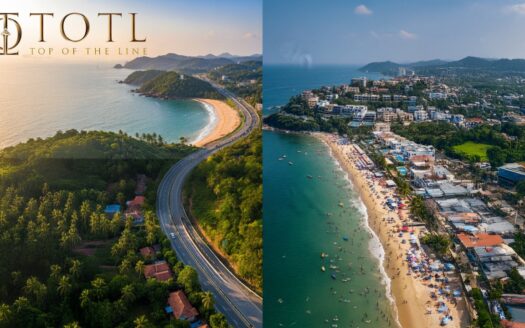 Scenic view of Sindhudurg coastline with roads, villas, and rising Plot Prices in Sindhudurg due to NH-66 and SH-180 infrastructure upgrades.