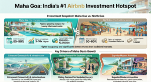 Airbnb Luxury Villas Goa: Why Short-Stay Villa Investments in Maha Goa Are Set to Outperform North Goa by 10X 1 Infographic showing the rise of Airbnb Luxury Villas Goa, highlighting higher occupancy in Maha Goa, premium nightly rates, strong ROI, and MOPA Airport connectivity driving villa investment growth.