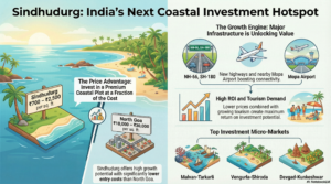 Infographic showing rising Plot Prices in Sindhudurg due to NH-66 and SH-180 upgrades, top investment micro-markets, Coastal ROI comparison, and tourism impact.