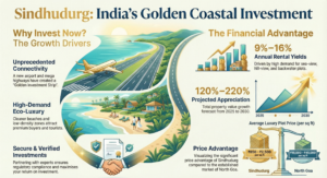 Sindhudurg Real Estate Growth 2025: India’s Strongest Coastal Boom Driving Villa & Luxury Plot Investments 1 Sindhudurg Real Estate Growth in 2025, highlighting luxury villa plots, MOPA Airport connectivity, NH66 & Coastal Highway, clean beaches, high rental yields, and projected 120–220% appreciation.