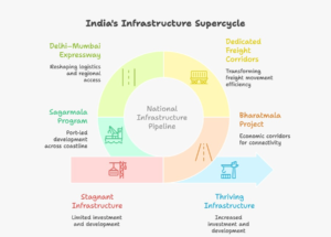 Infographic showing India’s infrastructure supercycle with key statistics including ₹111 lakh crore National Infrastructure Pipeline investment, 26,000 km Bharatmala economic corridors, 1,386 km Delhi–Mumbai Expressway, and dedicated freight corridors shaping land investment in India 2026.