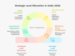 Infographic showing four macroeconomic drivers in India 2026 including RBI monetary policy stabilization, Union Budget capital expenditure growth, infrastructure corridor expansion under the National Infrastructure Pipeline, and land record digitization reforms, explaining their impact on premium land investment India 2026.