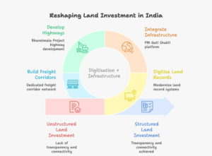 Land Investment in India 2026: How Digital Land Records and Infrastructure Corridors Are Reshaping Micro-Market Growth 1 Infographic showing how land investment in India 2026 is influenced by digital land record reforms under DILRMP, PM Gati Shakti infrastructure corridors, Bharatmala highway expansion, and Dedicated Freight Corridor development across India.