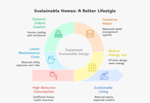 Infographic showing sustainability statistics in housing, highlighting that green homes can reduce energy use by 20–30% and water consumption by up to 50%, demonstrating the benefits of sustainable residential design.