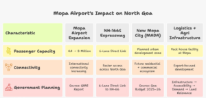 Why Plots in North Goa Are Emerging as a Strategic Investment Play Near Mopa Airport 1 Infographic showing how Mopa Airport expansion, NH-166S connectivity, New Mopa City planning, and logistics infrastructure are driving demand for plots in North Goa.