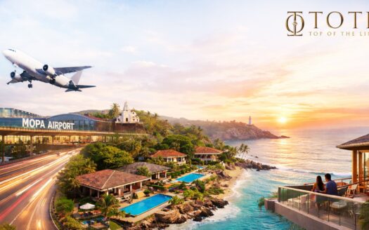 Bright Goa coastal landscape with luxury villas, modern infrastructure, airport connectivity, and ocean view representing the best investment in maha goa