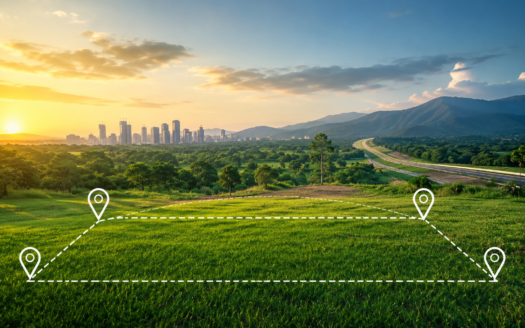Premium landscape banner image showing a plotted land investment site surrounded by greenery, highway connectivity, mountains, and a modern city skyline symbolizing infrastructure growth and long-term land appreciation in India.