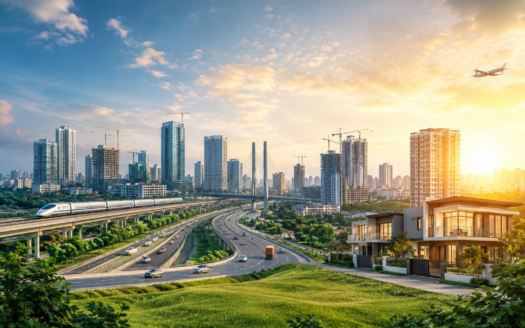 Future of real estate in India banner showing modern infrastructure growth with expressways, metro connectivity, luxury housing, skyscrapers, and airport-led urban development.