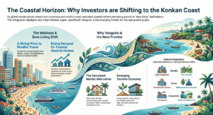 Infographic showcasing the growing appeal of Vengurla as an emerging coastal destination with themes of wellness tourism, slow living, eco-tourism, second-home demand, and scenic Konkan coastal landscapes near Goa.