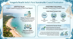 Infographic showing why Vengurla Beach is emerging as a sustainable coastal destination in India, featuring Konkan coastline visuals, tourism growth trends, eco-tourism opportunities, infrastructure connectivity, second-home potential, biodiversity, and long-term investment relevance along Maharashtra’s coastal region.