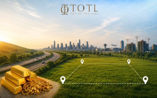 Cinematic blog banner showing land investment in India with infrastructure growth, expressways, airports, city skyline, and gold comparison representing long-term wealth creation opportunities.