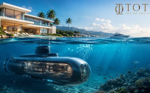 Luxury coastal landscape of Vengurla featuring premium beachfront villas, crystal-clear Arabian Sea waters, lush Konkan greenery, and an underwater submarine tourism attraction inspired by the INS Guldar marine tourism project in Sindhudurg.