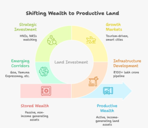 Infographic showing land investment in India compared with gold investment, highlighting infrastructure growth, expressways, airports, tourism expansion, and long-term wealth creation opportunities.