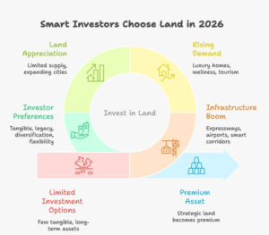 Infographic explaining why smart investors in India are choosing land investments in 2026, highlighting infrastructure growth, rising demand for second homes, land appreciation potential, and long-term wealth creation benefits.