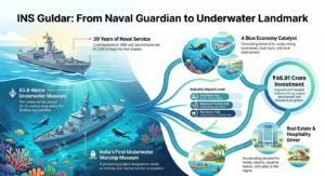 INS Guldar Marine Tourism: How India’s First Underwater Warship Museum Is Transforming Sindhudurg’s Future 1 Infographic showcasing the INS Guldar Marine Tourism project in Sindhudurg, Maharashtra. The graphic highlights the transformation of INS Guldar from a naval warship into India's first underwater warship museum and artificial coral reef. Key statistics include its 39-year service history, 83.9-meter length, ₹46.91 crore project investment, 122-kilometer Sindhudurg coastline, and its role in driving marine tourism, hospitality growth, coastal infrastructure development, local employment, and real estate opportunities along the Konkan coast.