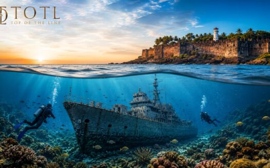 A stunning aerial view of the Sindhudurg coastline featuring the INS Guldar underwater museum project beneath crystal-clear waters. The scene showcases a submerged naval warship transformed into an artificial reef, surrounded by marine life and coral growth, with pristine beaches, lush Konkan greenery, and coastal tourism infrastructure visible along the shoreline. The image represents the future of marine tourism, coastal development, and investment opportunities in Sindhudurg, Maharashtra.
