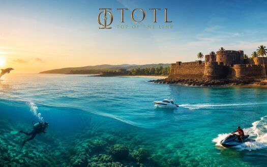 A cinematic coastal panorama showcasing the essence of Marine Tourism in Sindhudurg, featuring crystal-clear Arabian Sea waters, a scuba diver exploring vibrant underwater ecosystems, a luxury yacht cruising offshore, a dolphin leaping at sunrise, water sports activity, and the historic Sindhudurg Fort overlooking the coastline, highlighting the region's blend of marine adventure, heritage, and coastal beauty.