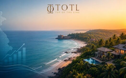 A panoramic aerial view of Sindhudurg’s pristine Arabian Sea coastline featuring turquoise waters, untouched beaches, lush Konkan greenery, scenic coastal villages, and modern connectivity infrastructure, symbolizing the region’s transformation into an emerging investment destination.