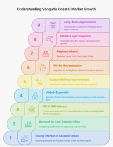 A data-driven infographic showing everyday coastal living near Vengurla Beach, highlighting Konkan coastline geography, biodiversity of the Western Ghats, NH-66 connectivity, Sindhudurg Airport access, and lifestyle benefits such as clean environment, seasonal climate variation, and coastal wellness living.

