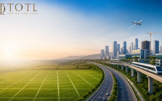 Premium blog banner illustrating Land Investment in India with modern expressways, high-speed rail, industrial corridors, international airports, logistics hubs, smart cities, and green landscapes, representing infrastructure-driven economic growth, connectivity, and long-term land investment opportunities.