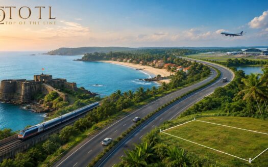 Aerial view of Sindhudurg's pristine Arabian Sea coastline with lush greenery, premium coastal land, modern infrastructure, and scenic beaches representing Long-Term Land Investment in Sindhudurg.