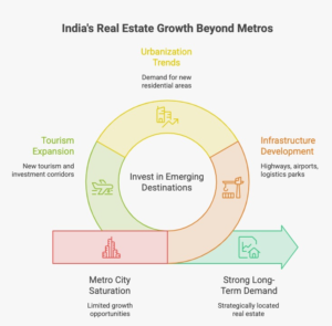 Why Real Estate Investment in India Is Creating Long-Term Wealth Opportunities in Emerging Destinations 1 An infographic highlighting India's real estate growth with key statistics, including a projected US$1 trillion market by 2030, rapid urbanisation, large-scale infrastructure investments, expanding airport connectivity, and the major factors driving long-term real estate investment in India.