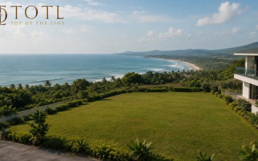 Ultra-realistic panoramic view of Luxury Villa Plots in Sindhudurg overlooking the Arabian Sea, featuring a modern luxury villa, lush green landscape, pristine coastline, and serene blue waters, showcasing the premium coastal lifestyle and long-term investment appeal of Sindhudurg, Maharashtra.