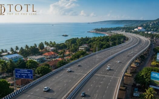Porvorim Elevated Corridor six-lane highway with Goa coastline, Arabian Sea, palm trees and North Goa landscape